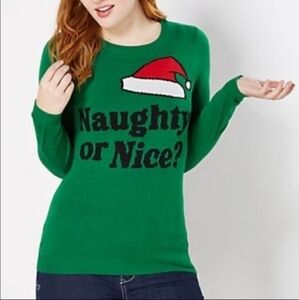 Rue21 Green "Naughty or Nice" Ugly Christmas Sweater Junior's Medium M Santa EUC